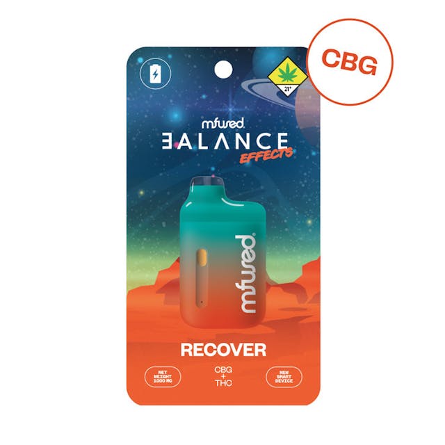 BALANCE EFFECTS Jefe - RECOVER THC + CBG BALANCE EFFECTS is a series of Full Spectrum Extracts formulated to drive effects by emphasizing combinations of specific cannabinoids. Cannabis terpenes are then combined with the extract to provide an added layer of complexity and effects of a true cannabis profile. + Recover: Recharge your batteries with our powerful blend of THC and CBG + Unique blend of Minor Cannabinoids for targeted effects + ON/OFF button for added user control and efficiency + Brand new ergonomic shape, perfect on-the-go companion + Custom-designed atomizer, tuned for the most authentic expression of our extracts + Spark Button allows for a fully customized cannabis experience + Button controls device on/off, cold-start, and variable temperature settings + Fast charging via USB-C with multi-day Battery Life + Zero Artificial Additives and Flavoring + Independently tested to ensure product safety Follow our journey @mfusedproducts and @mfusedculture!