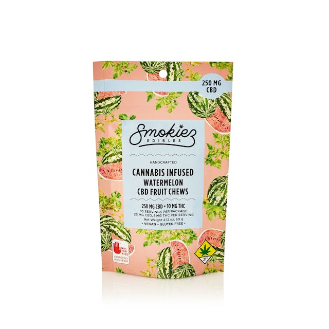 Smokiez Watermelon CBD-Infused Fruit Chews are NOT YOUR AVERAGE FRUIT CHEWS™ ;) These fruit chews taste like a ripe and juicy watermelon, with a pleasant balance of sweetness and fruity notes. They are also Vegan, Gluten Free, Dairy-Free, and contain NO High Fructose Corn Syrup. Each of our mouth watering fruit chews contain 25 mg of CBD. There are 10 pieces per package with 250mg of CBD per package.
