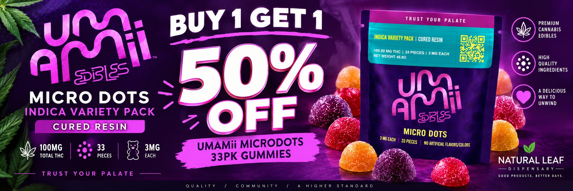 Umamii Micro Dots indica variety pack, 33 pieces — buy one, get the second 50% off.