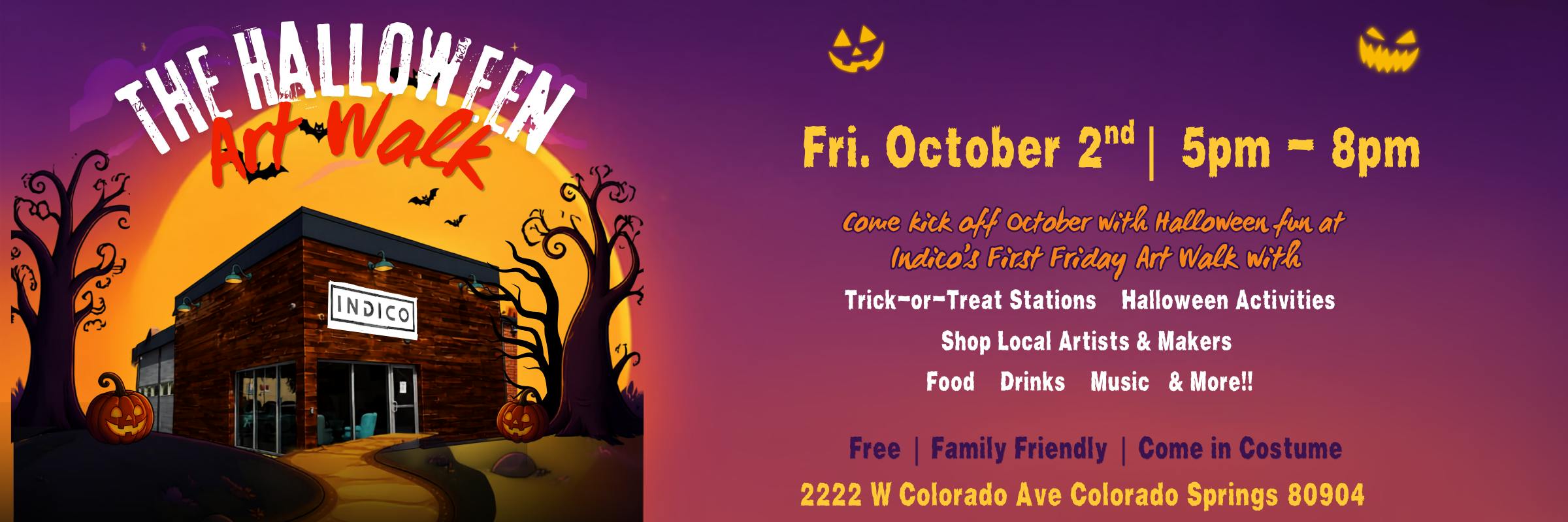 indico family friendly old colorado city first friday art walk halloween event flyer