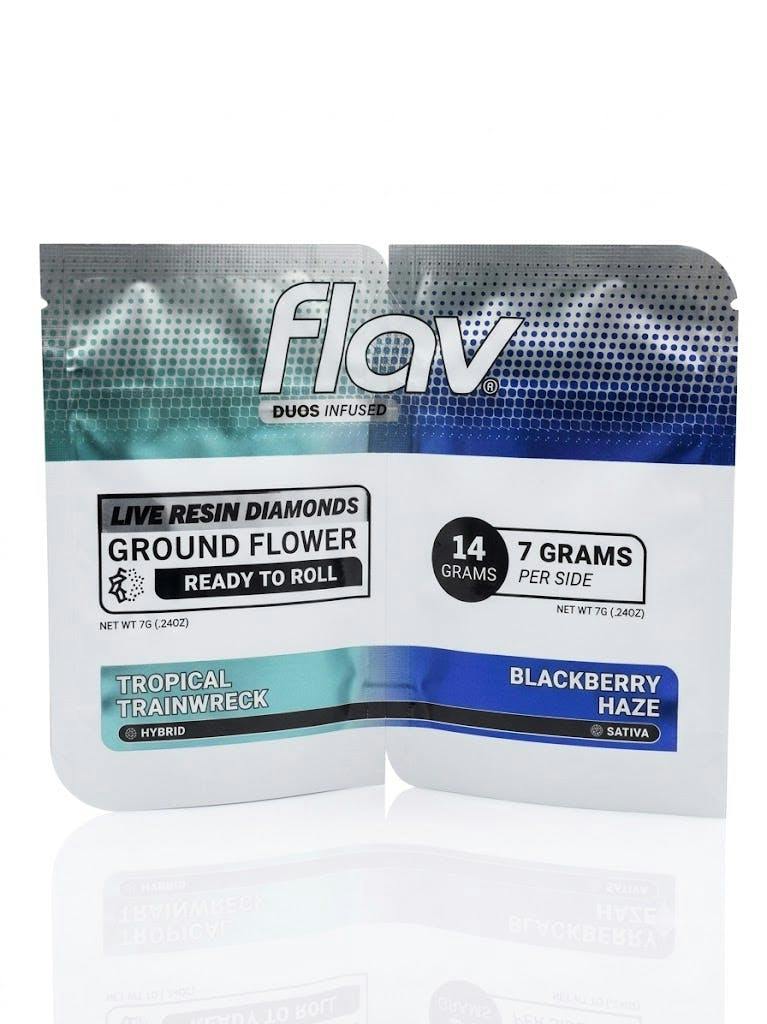 Flav Duos Live Resin Infused Ground Flower Tropical Trainwreck (Sativa) X Blackberry Haze (Sativa)