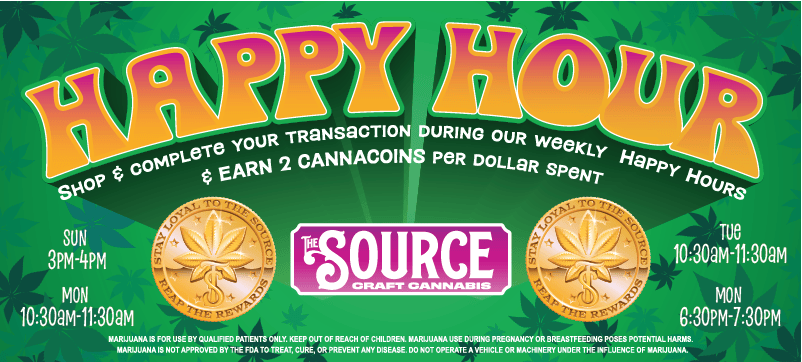 Enjoy double CannaCoins at The Source dispensary in Rogers every Sunday 3-4pm; Monday & Tuesday 10:30-11:30 am; and Wednesdays at 6:30 to 7:30 pm