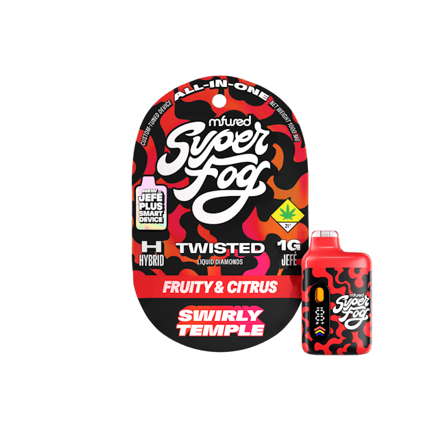 TYPE: Hybrid
TASTING NOTES: Fruity & Citrus
Feel the nostalgia and take a stroll down memory lane with Swirly Temple! Our rendition on this classic favorite keeps the same sweet, citrus taste, but with an added punch for fun!  
TWISTED is a flavorful, high-strength concentrate that uses melted THCa diamonds for potency and all-natural terpenes for unique flavor profiles that are exciting and familiar. 
Introducing the upgraded Mfused Jefé Plus device! 
LED screen display
Dosing Timer – Time your hits to monitor vapor intake
Battery Life – Monitor battery level so you’re never caught off guard
Temperature Display – Easily see which temperature your device is set to
Cold Start Timer – Countdown timer to indicate when device is ready for usage
Spark Button allows for a fully customized cannabis experience
Two Taps – Cold Start: Preheat oil and prevent potential clogging issues
Three Taps – Change Temperature: Three different temperatures
Five Taps – On/Off: Control battery life by turning off device when not in use
Discreet size and ergonomic shape for convenience
Custom-designed atomizer tuned for each oil type and product line
Fast charging via USB-C with multi-day battery endurance
Zero harmful additives 
Independently tested to ensure product safety
Designed, tested and developed in the U.S. with our aerosol testing laboratory
Built-in seven-second safety timer prevents the atomizer from overheating