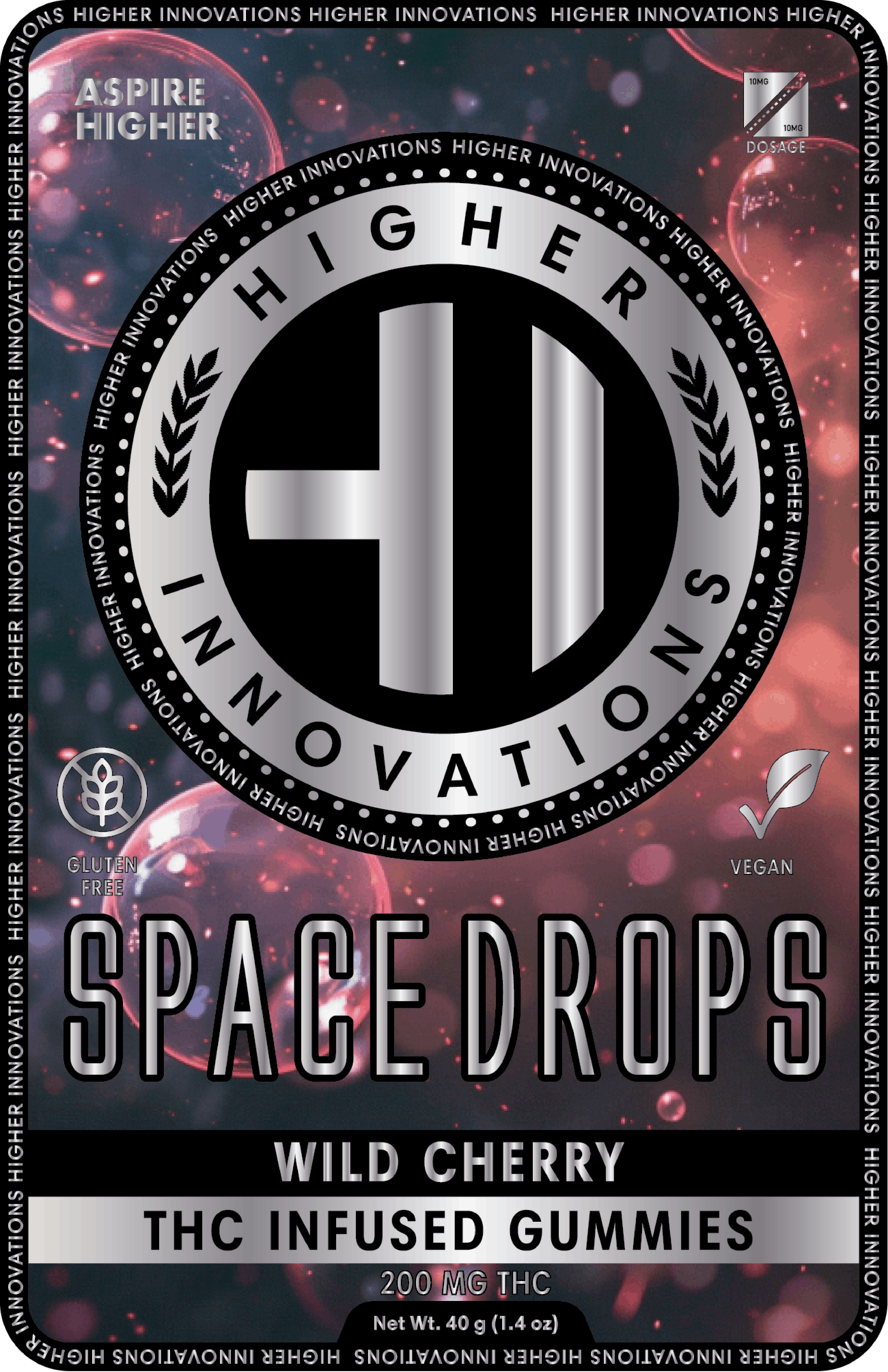 Product: Higher Innovation | Wild Cherry | Infused Space Drops | 200mg 1:1 THC:CBD | Indica