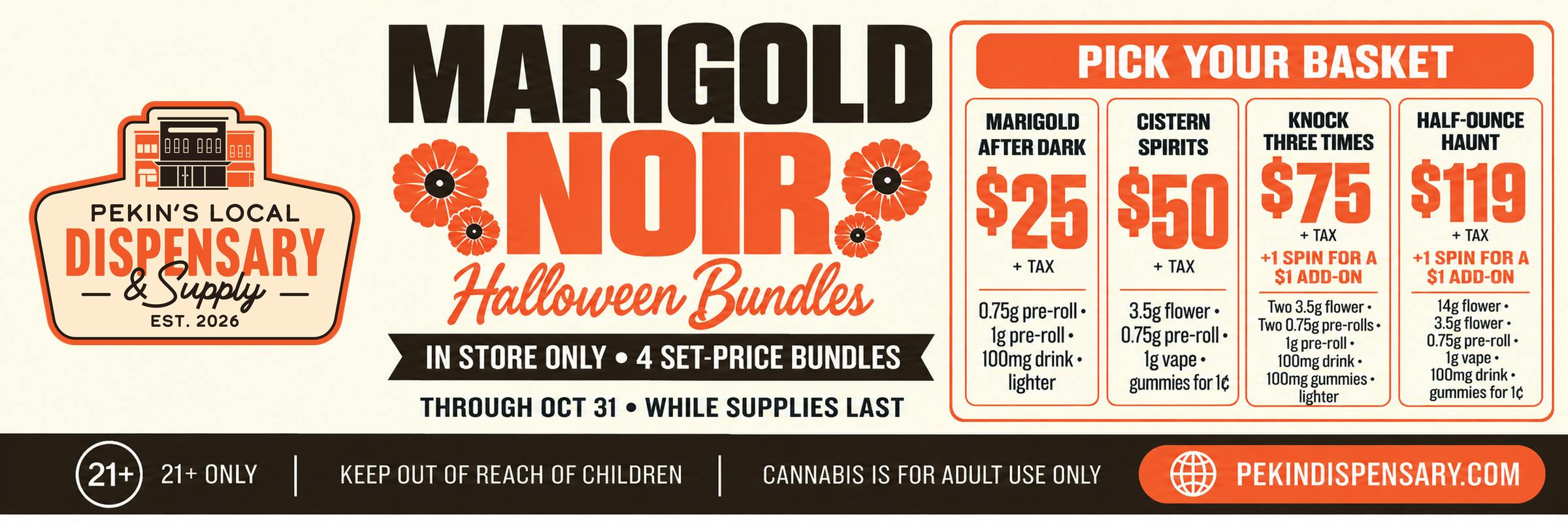 Marigold Noir Halloween Bundles: four set-price baskets at $25, $50, $75 and $119 plus tax, in store only through Oct 31, 21+.