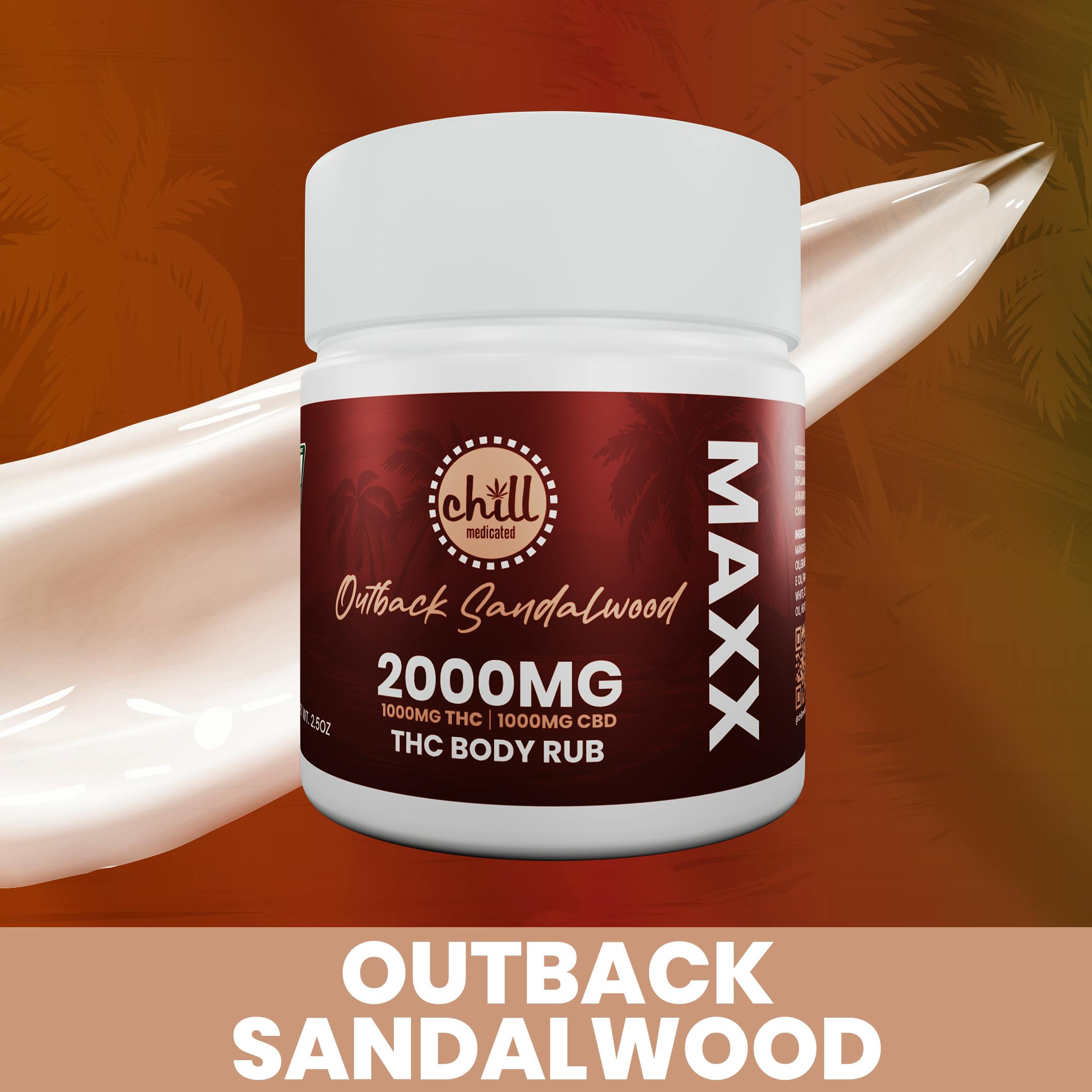 Product: Outback Sandalwood MAXX Body Rub I 1000mg THC : 1000mg CBD