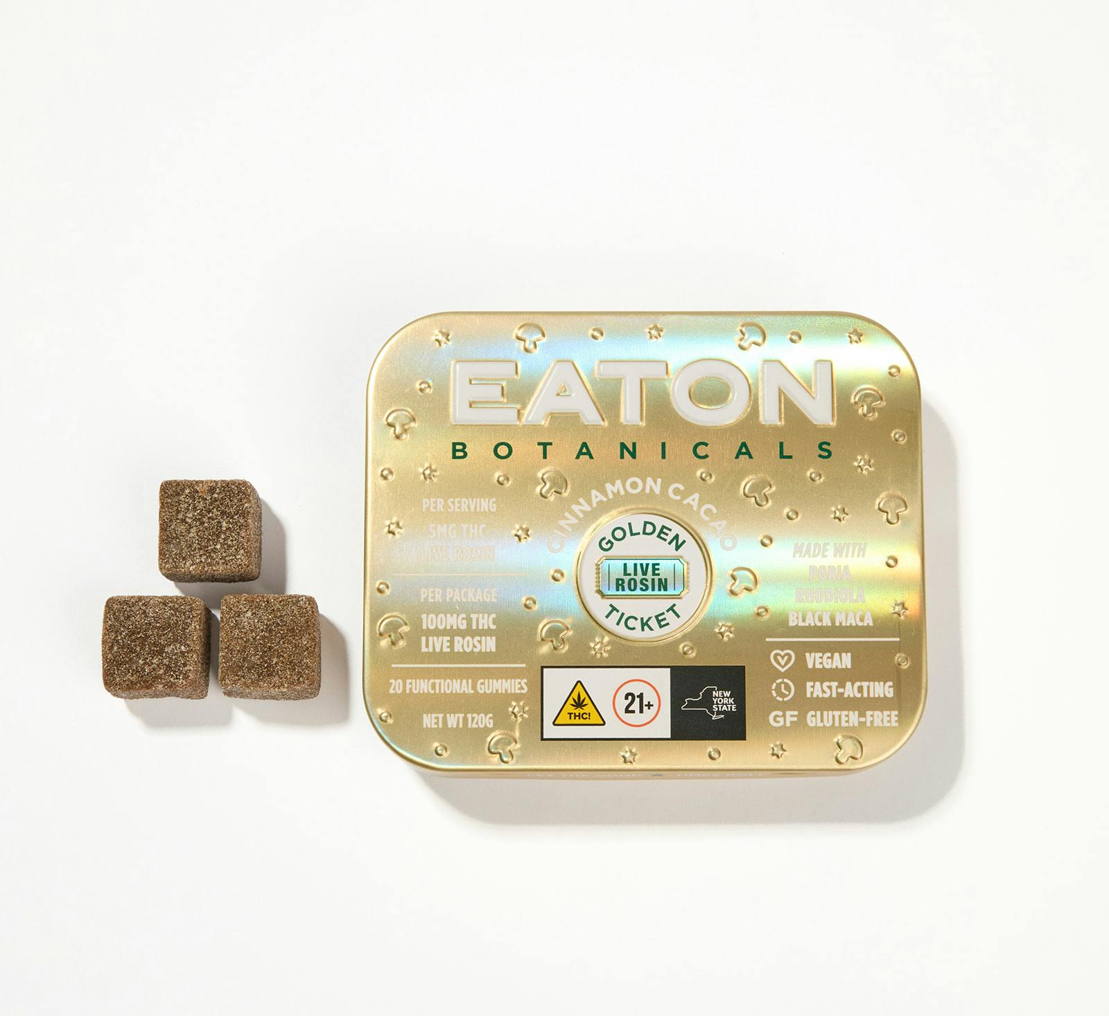 Eaton Botanicals | Golden Ticket Cinnamon Cacao | Live Rosin Gummy | 100mg | 20ct