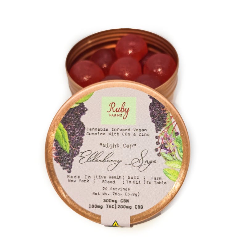 Ruby Farms - ''Night Cap'' Elderberry Sage Live Resin Gummies 1:2:3 THC:CBD:CBN 20 pk - 100mgRuby FarmsIndicaTHC: 100 mgCBD: 200 mg4th of July Weekend! Spend $550 get $105 Off+6