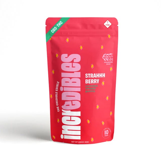 Berry chill. Sunshiney days, fresh-picked strawberries, and nothing on the agenda. Kick up your feet and say it with us, "ahhh." incredibles Strahhhberry CBD 1:1 gummies offer 100mg THC total and 100mg CBD, with 10mg THC and 10mg CBD per gummy. Made with pure THC distillate in a homogeneous mixture to ensure accurate dosing and consistency.

Exact potency will vary slightly from batch to batch. 
