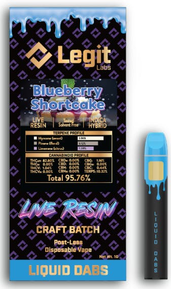Product: Blueberry Shortcake | Post-Less Disposable | Live Resin | Legit Labs