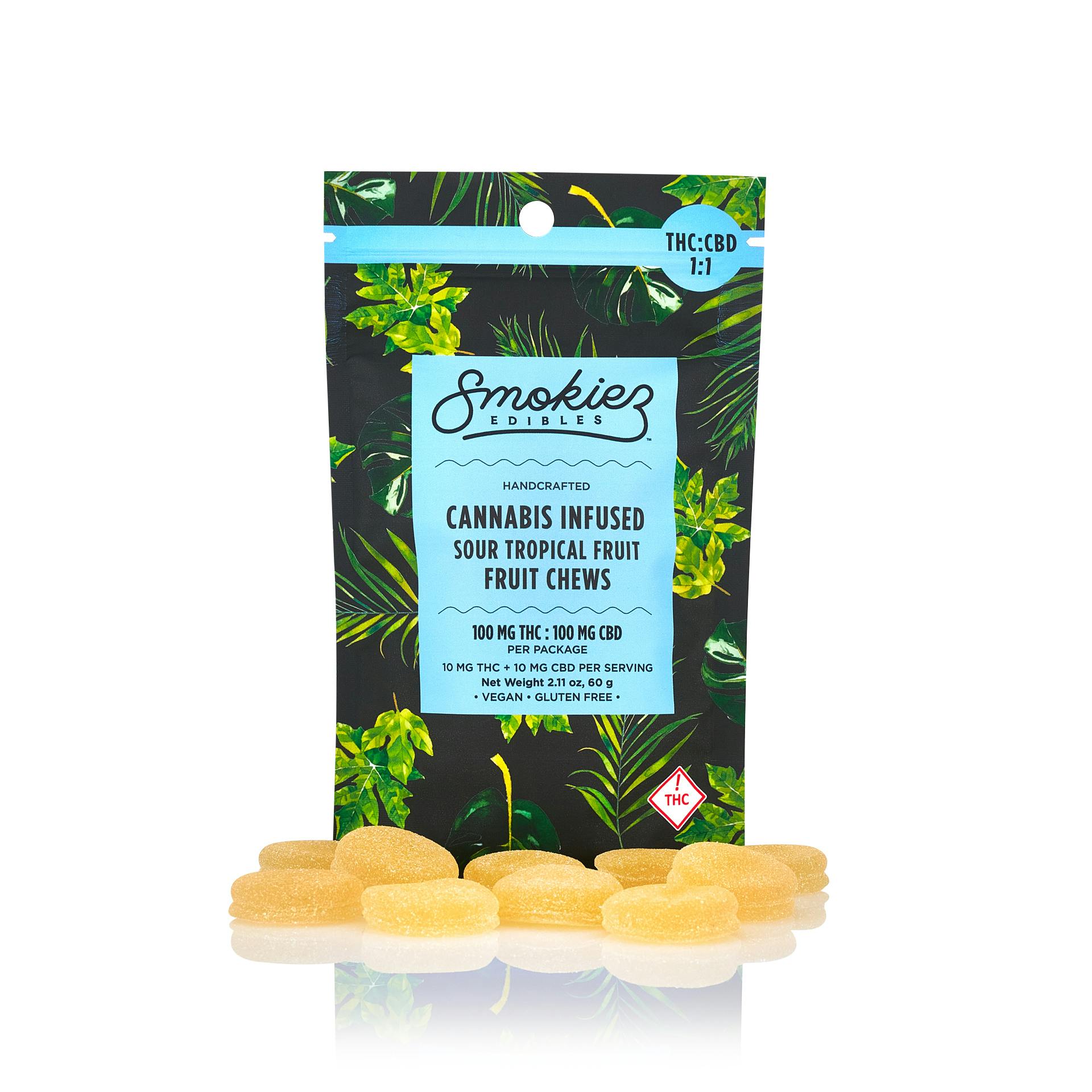 Product CBD:THC 1:1 Sour Tropical 100mg CBD:100mg THC Fruit Chews
