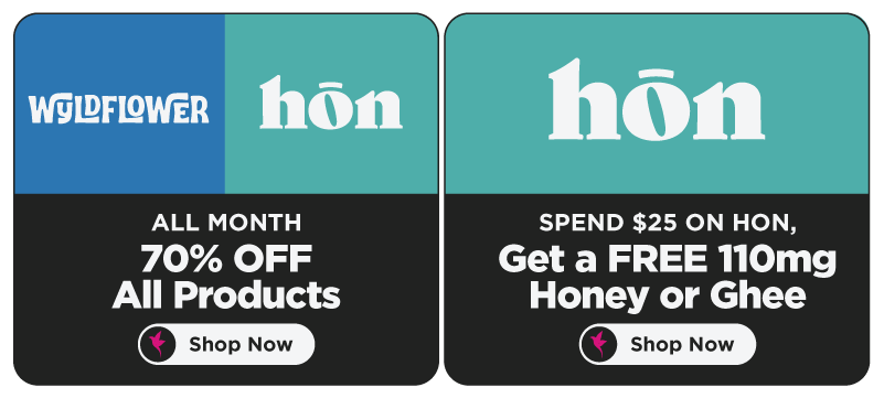Shangri-La dispensary promotional banners featuring 70% off all Wyldflower and hōn cannabis products all month, plus a hōn offer where customers receive a free 110mg Honey or Ghee with a $25 purchase.