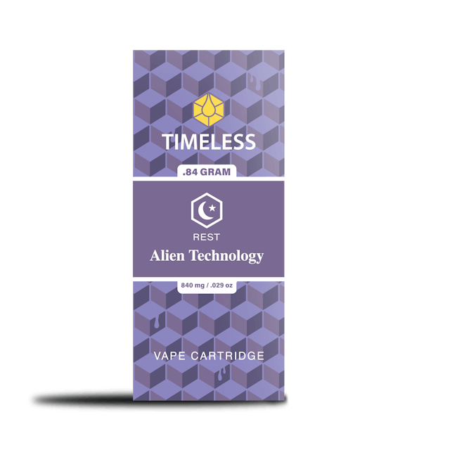 Prepare for a close encounter with Alien Technology. Out-of-this-world flavors of pungent diesel and earthy notes are punctuated by subtle hints of apple and eucalyptus. Caryophyllene, Limonene, and Ocimene lead the way, guiding you towards a realm of deep relaxation and calm. Prepare to be lifted away.

Timeless Vapes set out to create the finest medical grade Cannabis oil vaporizer cartridge on the market. Countless hours of research and development go into every single batch of solvent-free, premium THC oil distillate. Their cartridges only contain cannabinoids and terpenes — no additives or fillers, ever!

All Natural: All Terpenes come from plant-based sources. There are never any synthetically derived Terpenes in Timeless products!

High Potency: Every product tests at +/- 85% THC levels. Timeless strive to provide you with a consistently powerful product every single time you choose a new Timeless flavor!

No Fillers: Timeless never adds any fillers or any artificial flavorings to their products.. They don’t believe in diluting their products or adding anything that doesn’t benefit you!
