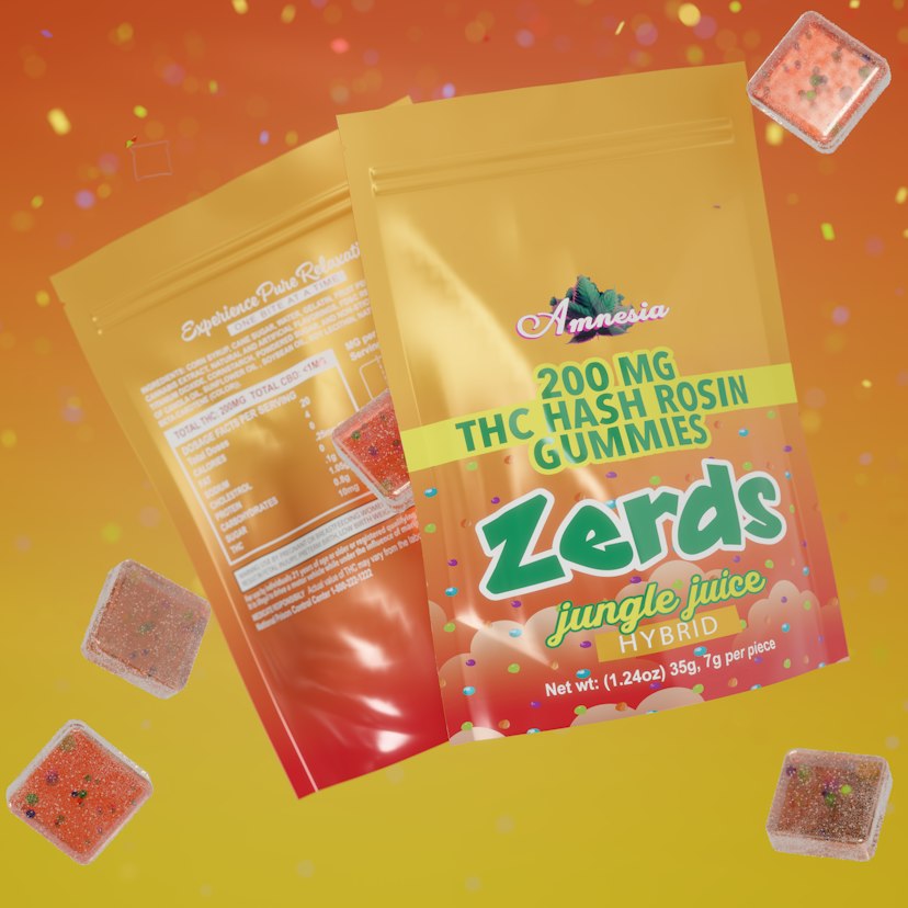 Amnesia 200mg 5pk Hash Rosin Zerds Gummies Jungle Juice