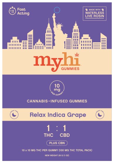 image of Relax Indica Grape (1:1 THC:CBD + CBN) – Waterless Live Rosin, Fast Acting Gummies – 10 pieces (100mg)