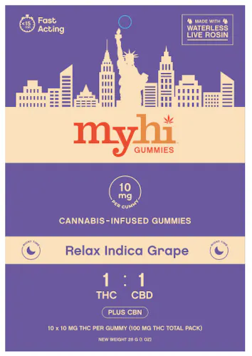 MyHi | Relax Indica Grape | 1:1 THC / CBD + CBN | Waterless Live Rosin Gummies | 10pk-5