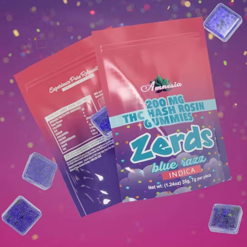 Amnesia 200mg 5pk Hash Rosin Zerds Gummies Blue Razz