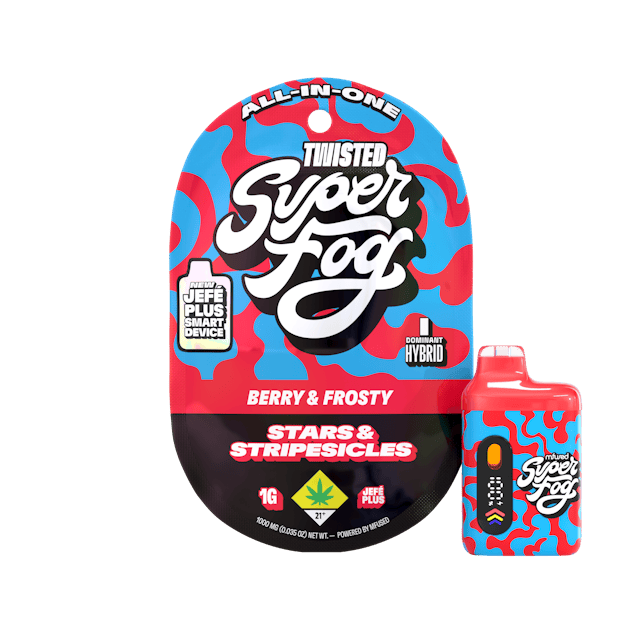 TYPE: Hybrid
TASTING NOTES: Fruity & Frosty

Blast off into nostalgia with this rocket popsicle inspired frozen treat – now with a grown-up twist! Bursting with sweet cherries, zesty lemon, and tangy blue raspberry, Stars and Stripesicles delivers the perfect balance of summer adventure and electrifying flavor.
 
TWISTED is a flavorful, high-strength concentrate that uses melted THCa diamonds for potency and all-natural terpenes for unique flavor profiles that are exciting and familiar. 

Introducing the upgraded Mfused Jefé Plus device! 
LED screen display
Dosing Timer – Time your hits to monitor vapor intake
Battery Life – Monitor battery level so you’re never caught off guard
Temperature Display – Easily see which temperature your device is set to
Cold Start Timer – Countdown timer to indicate when device is ready for usage
Spark Button allows for a fully customized cannabis experience
Two Taps – Cold Start: Preheat oil and prevent potential clogging issues
Three Taps – Change Temperature: Three different temperatures
Five Taps – On/Off: Control battery life by turning off device when not in use
Discreet size and ergonomic shape for convenience
Custom-designed atomizer tuned for each oil type and product line
Fast charging via USB-C with multi-day battery endurance
Zero harmful additives 
Independently tested to ensure product safety
Designed, tested and developed in the U.S. with our aerosol testing laboratory
Built-in seven-second safety timer prevents the atomizer from overheating