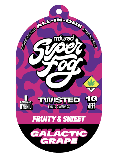 TYPE: Indica Dom. Hybrid 
TASTING NOTES: Fruity & Sweet 
-- 
Orbit the Earth with Galactic Grape, the vape that offers an out-of-this-world, juicy grape flavor. It’s your sweet escape, like sipping your favorite grape drink while wearing a sweet space suit. Take your taste buds on a trip into the grape beyond! 
 -- 
TWISTED is a flavorful, high-strength concentrate that uses melted THCa diamonds for potency and all-natural terpenes for unique flavor profiles that are exciting and familiar. 
-- 
Powered by the Mfused Jefé: 
+ High potency effects from melted THCa diamonds 
+ Mouth-watering flavors from all-natural terpenes 
+ New ergonomic shape is comfortable, discreet and convenient 
+ Custom-designed atomizer is tuned for the most authentic expression of our extracts 
+ Designed, tested and developed in the U.S. with our aerosol testing laboratory 
+ Spark Button allows for a fully customized cannabis experience 
+ Button controls device ON/OFF, cold-start and variable temperature settings 
+ Fast charging via USB-C with multi-day battery endurance 
+ Zero harmful additives 
+ Independently tested to ensure product safety
