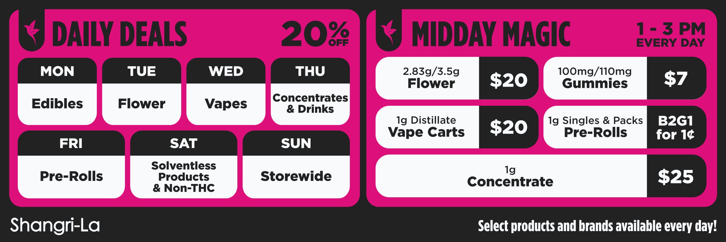 Shangri-La Daily Deals and Midday Magic promotions featuring select cannabis products and categories. Daily Deals offer 20% off select products, including edibles on Monday, flower on Tuesday, vapes on Wednesday, concentrates and drinks on Thursday, pre-rolls on Friday, solventless and non-THC products on Saturday, and storewide savings on Sunday. Midday Magic runs every day from 1–3 PM with select 2.83g/3.5g flower for $20, 1g distillate vape carts for $20, 100mg/110mg gummies for $7, pre-rolls buy two get one for $0.01, and 1g concentrates for $25.