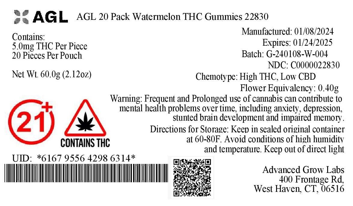 Watermelon THC Gummies T5 22830 20pk Still River Wellness Rec