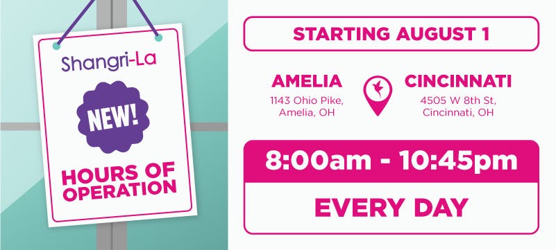 Promotional banner announcing new operating hours for Shangri-La's Amelia and Cincinnati dispensaries beginning August 1. Both locations will be open every day from 8:00 AM to 10:45 PM.
