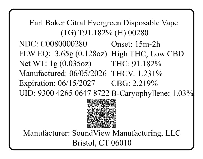 disposable vape bristol Earl Baker Citral Evergreen (1G) T91.182% (H) 00280 in New Haven, CT Color:Blue haze Liquid Diamonds Menthol Vape Juice -