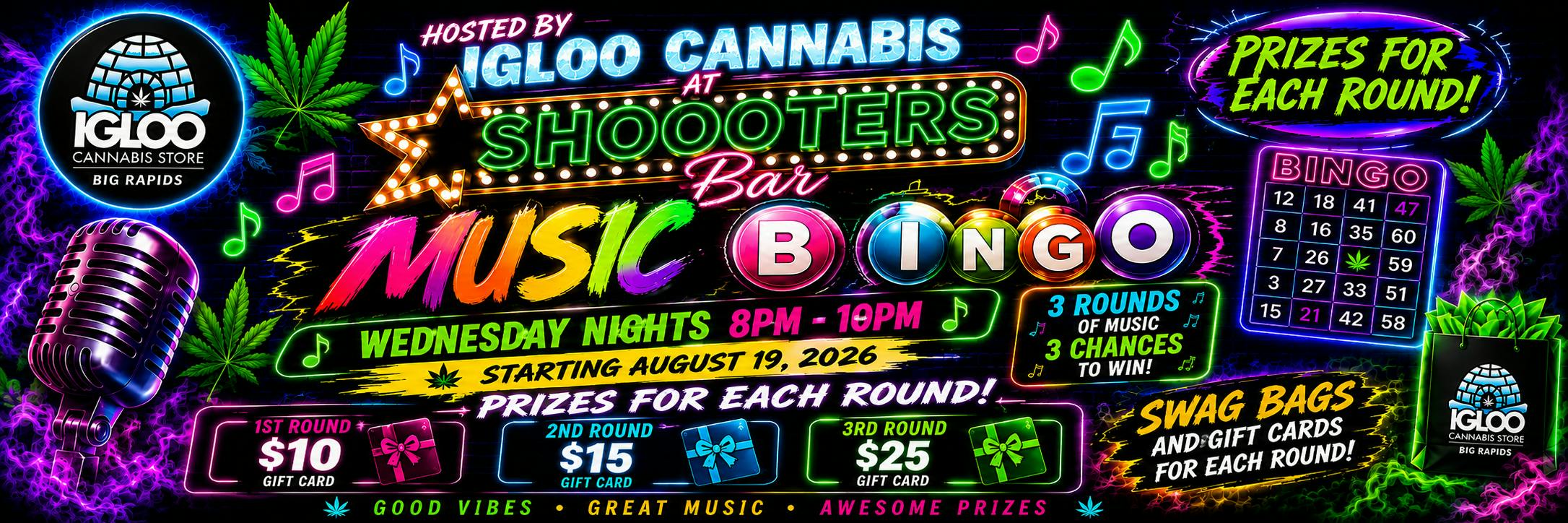 Music Bingo Wednesday nights at Shooters from 8-10 for prizes