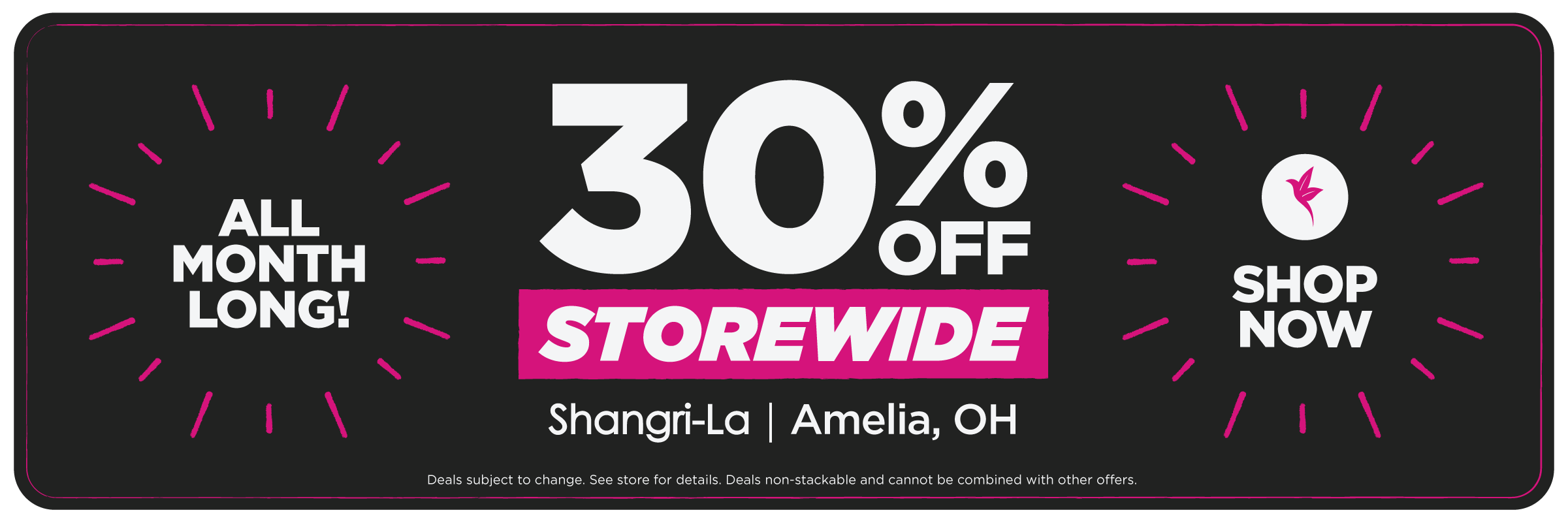 Shangri-La Amelia, Ohio cannabis promotion banner advertising 30% off storewide all month long with a Shop Now call to action.
