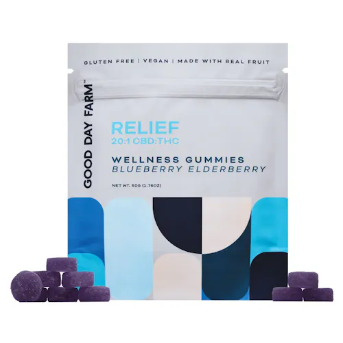 GDF: Wellness Gummies | RELIEF 20:1 Blueberry Elderberry | 500mg CBD 25mg THC | 10pk-active