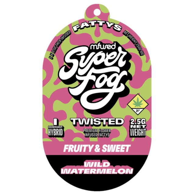 TYPE: Indica Dom. Hybrid TASTING NOTES: Fruity &amp; Sweet -- Wild Watermelon is a beloved melon bubblegum throwback. This classic flavor is a juicy blast of deliciousness you could almost chew. Hit this twist on the fruity, bubblegum nostalgia of days gone by, “Ooh baby, baby, it’s a Wild Watermelon!” -- TWISTED FATTY is a premium full-flower pre-roll coated in kief and infused with melted THCa diamonds for enhanced potency. It also features all-natural terpenes, offering unique flavor profiles that are both fresh and familiar. -- Rolled and Crowned by Mfused: + Exclusively made with premium-grade flower grown by esteemed partner farms + Infused with melted THCa diamonds and all-natural terpenes to enhance flavor and aroma + Kief-coated cone for added potency + Dutch crowned for an even, consistent burn from start to finish + Zero harmful additives + 5-10 minute burn time expectancy