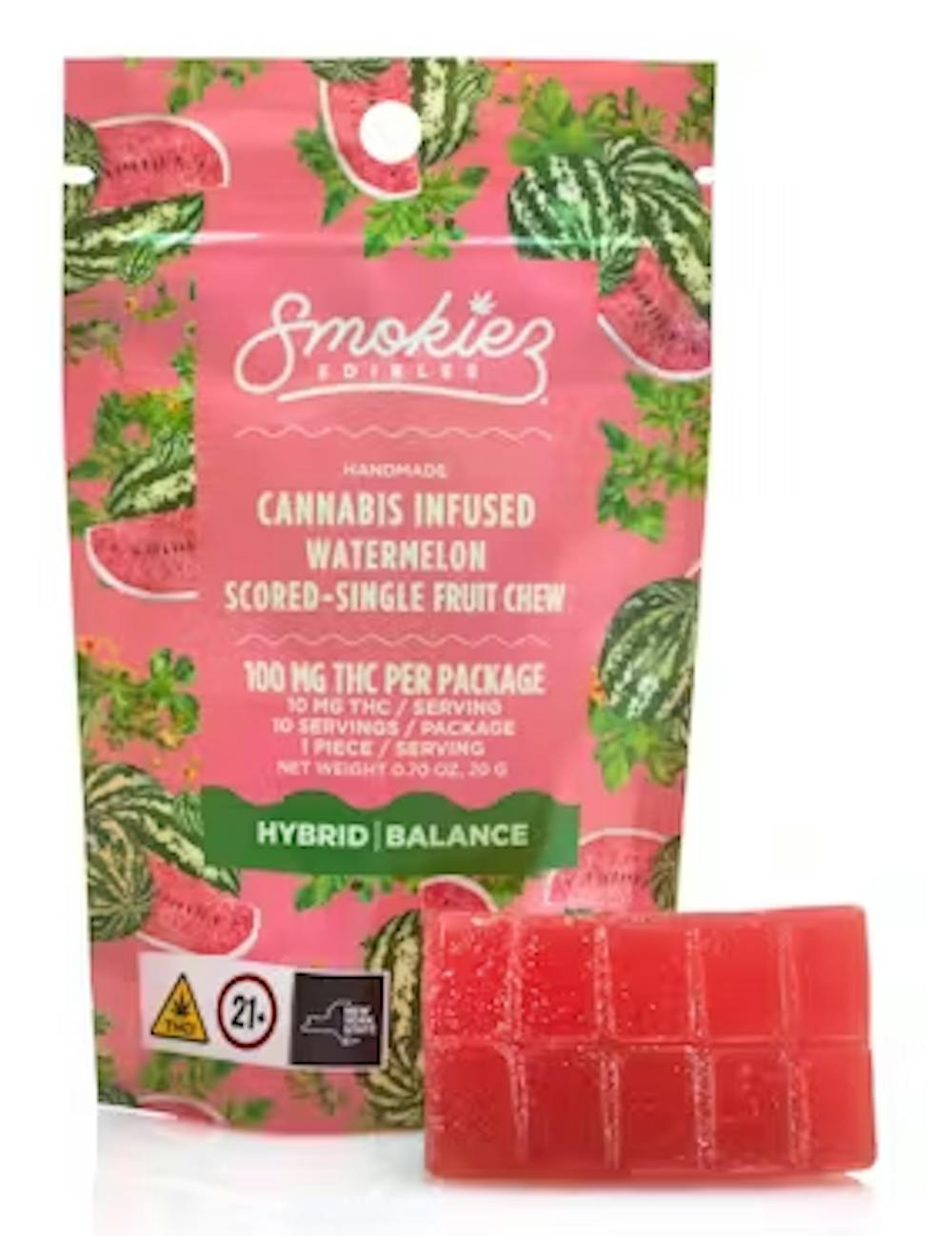 Product Edibles | Sweet Watermelon (H) Scored Single Fruit Chew  | 100mg | Smokiez