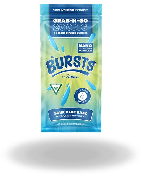 Product: Sauce | Bursts Sour Blue Razz Live Resin Gummies 2pk | 200mg