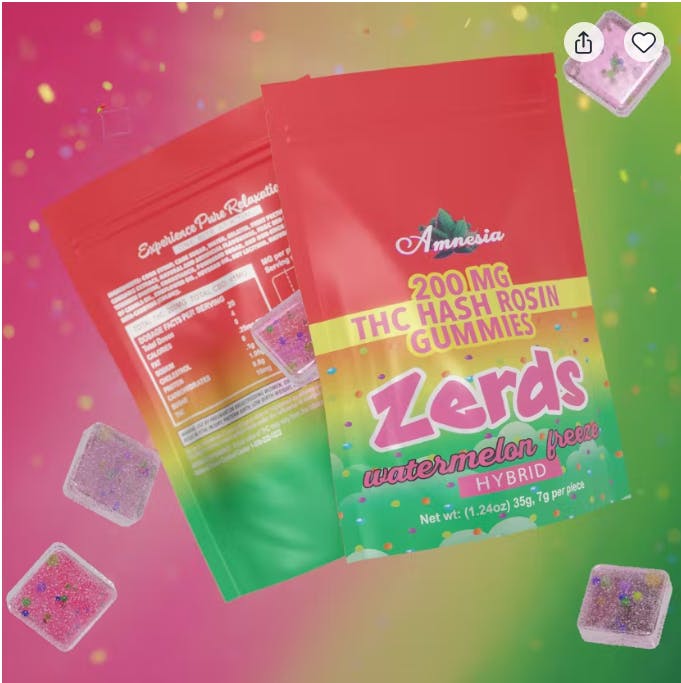 Amnesia - Zerdz Watermelon Freeze - 5ct 200mg Hash Rosin Gummies