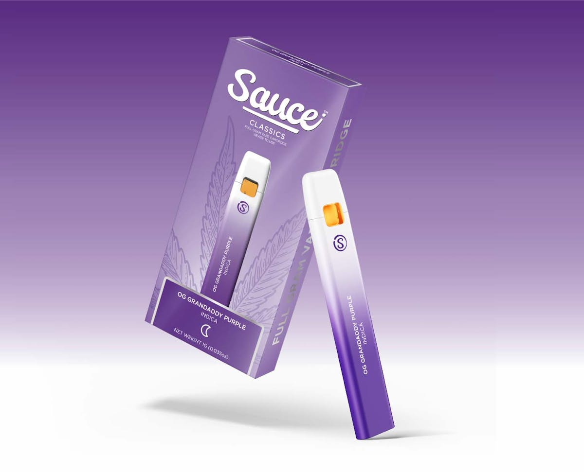 Photo of Sauce Classics 1g OG GRANDADDY PURPLE Flavored Distillate Disposable Cannabis Vape Cartridge