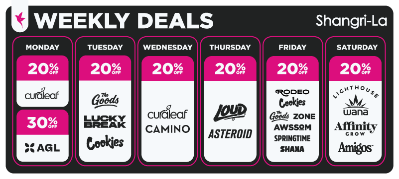 Shangri-La Connecticut weekly cannabis deals banner featuring daily discounts on Curaleaf, AGL, The Goods, Lucky Break, Cookies, Camino, Loud, Asteroid, Rodeo, Springtime, AWSSM, Shaka, Zone, Lighthouse, Wana, Affinity Grow, and Amigos cannabis brands.