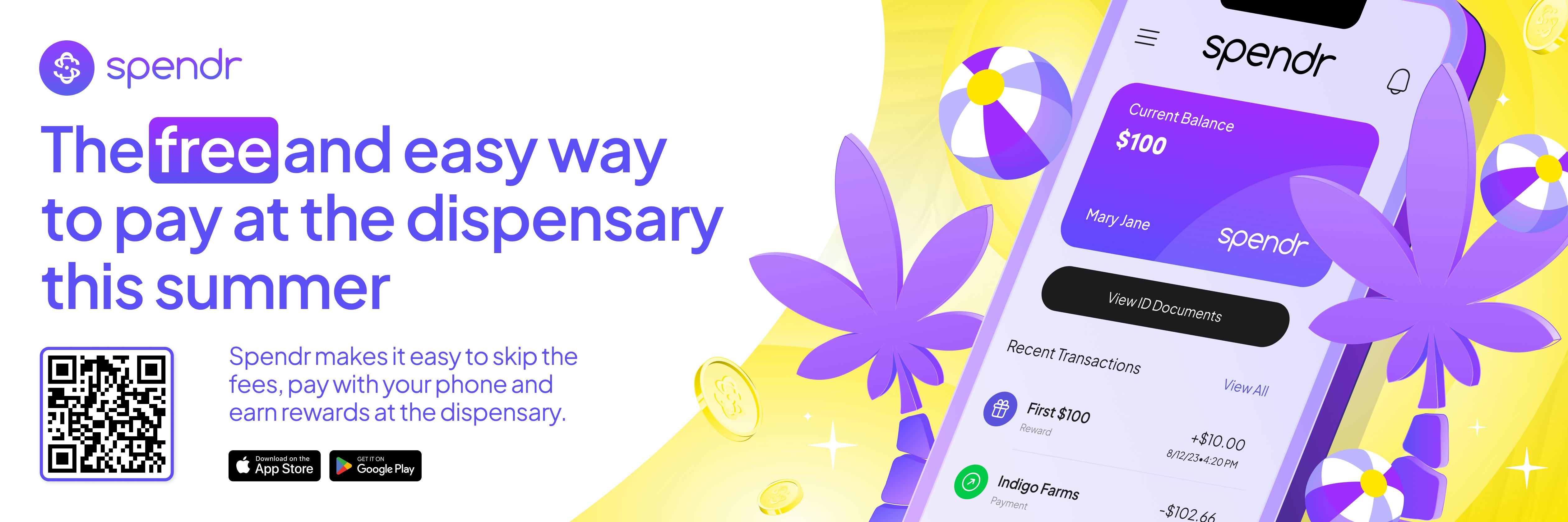 Spendr mobile payment app promotional banner highlighting a free dispensary payment solution with QR code, App Store and Google Play download links, rewards program, and fee-free cannabis purchases using a smartphone.