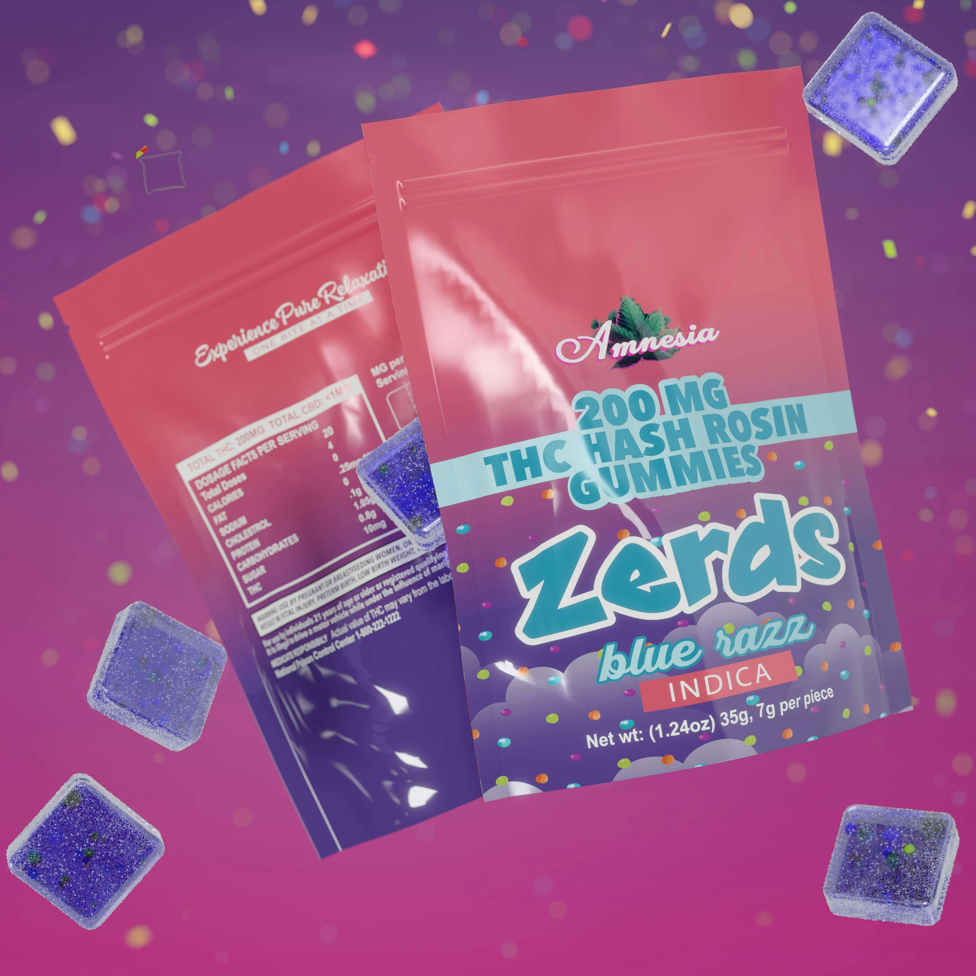 Amnesia - 200mg Zerds Hash Rosin Gummies - Blue Razz
