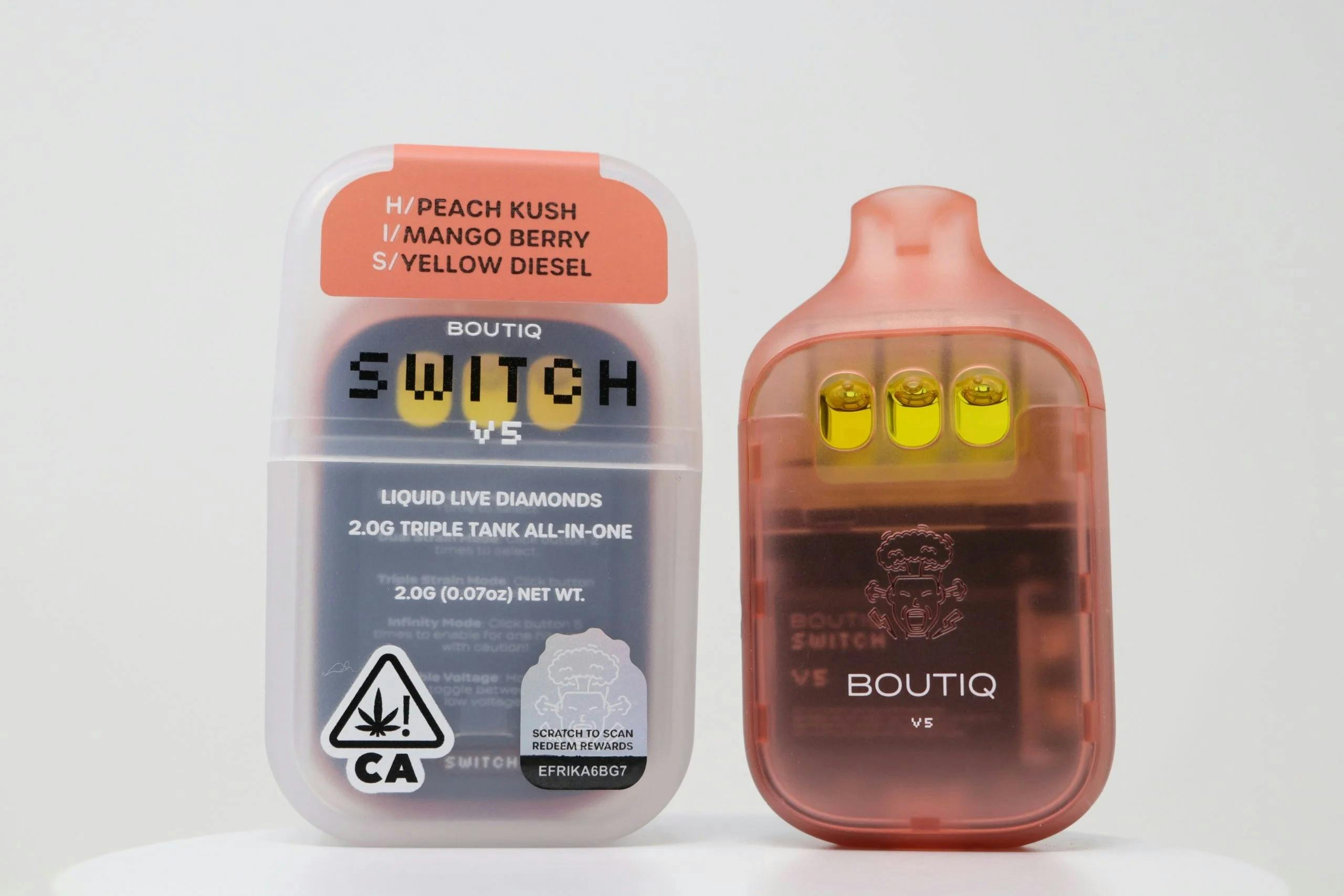 Peach Kush x Mango Berry x Yellow Diesel Liquid Live Diamonds Triple Tank Switch Disposable Hybrid by Boutiq – Vapes at Gatsby Cannabis