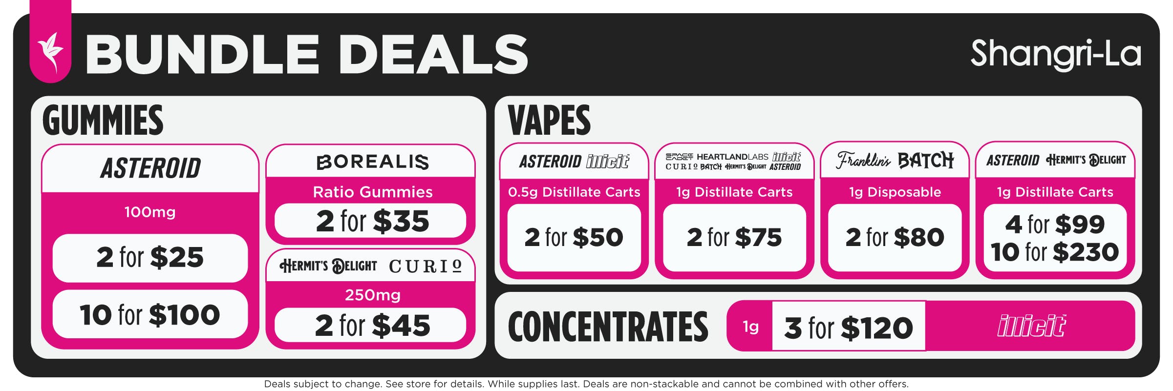 Shangri-La Missouri cannabis bundle deals featuring gummies, vapes and concentrates. Gummy bundles include Asteroid 100mg gummies at 2 for $25 or 10 for $100, Borealis ratio gummies at 2 for $35, and Hermit’s Delight and Curio 250mg gummies at 2 for $45. Vape deals include Asteroid and Illicit 0.5g distillate carts at 2 for $50; Space Race, Heartland Labs, Illicit, Curio, Batch, Hermit’s Delight and Asteroid 1g distillate carts at 2 for $75; Franklin’s and Batch 1g disposable vapes at 2 for $80; and Asteroid and Hermit’s Delight 1g distillate carts at 4 for $99 or 10 for $230. Illicit 1g cannabis concentrates are available at 3 for $120.