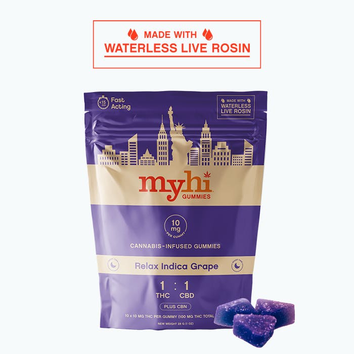 image of Relax Indica Grape (1:1 THC:CBD + CBN) – Waterless Live Rosin, Fast Acting Gummies – 10 pieces (100mg)