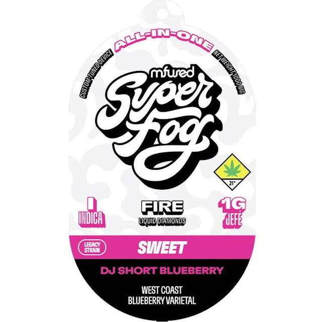 TYPE: Indica GENETICS: West Coast Blueberry Varietal CLASSIFICATION: Legacy Strain / Sweet Profile -- Meet DJ Short Blueberry, a legendary legacy strain with a cool high that you will love so berry much. Let its smooth vibe and namesake flavor lift your spirit up into the sky. Don’t be blue, shorty. Grab one today! -- FIRE is a high-potency concentrate crafted from melted THCa diamonds and live resin terpenes, delivering a pure, authentic and complex flavor. This robust extract is powerful and delivers accelerated, intense effects to the user due to its remarkably high THC concentration. -- Powered by the Mfused Jefé: + True-to-strain cannabis profiles from live terpenes + High potency effects from melted THCa diamonds + New ergonomic shape is comfortable, discreet and convenient + Custom-designed atomizer, tuned for the most authentic expression of our extracts + Designed, tested and developed in the U.S. with our aerosol testing laboratory + Spark Button allows for a fully customized cannabis experience + Button controls device ON/OFF, cold-start and variable temperature settings + Fast charging via USB-C with multi-day battery endurance + Zero artificial additives or flavoring + Independently tested to ensure product safety