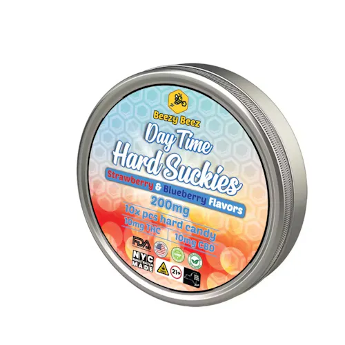 BEEZY BEEZ | DAY TIME HARD SUCKIES | STRAWBERRY & BLUEBERRY THC+CBD (1:1) HARD CANDIES | 100 MG-active