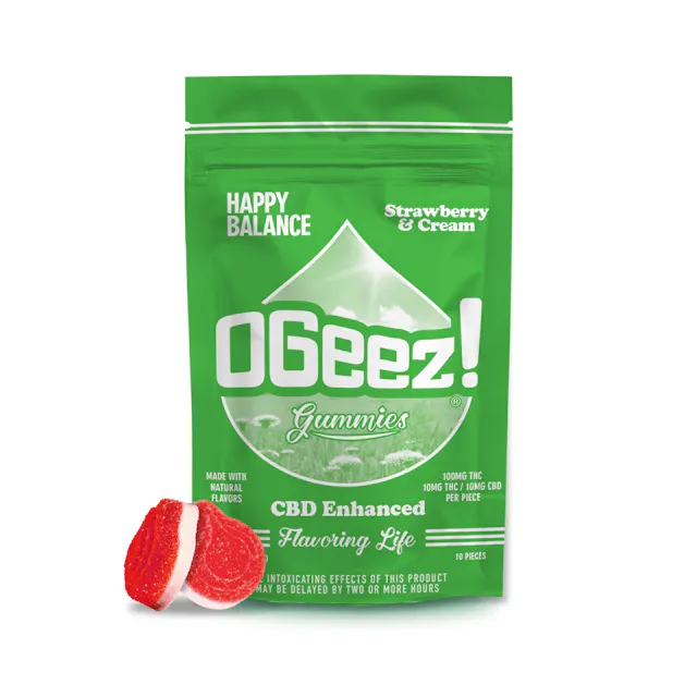 OGeez! Gummies Happy Balance Strawberries and Cream 1 CBD : 1 THC 10pk/100mg (hybrid, .1g)