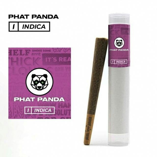 1g preroll of Phat Panda Premium flower. (Indica) - Sunset Sherbet x Unknown (Flavors: Creamy, Grapefruit, Earthy & Sour), (Effects: Happy, Hungry, Relaxing & Uplifting)