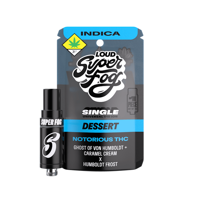 TYPE: Indica
GENETICS: Ghost of Von Humboldt x Caramel Cream x Humboldt Frost
CLASSIFICATION: Exotic Strain / Dessert Profile

Notorious THC brings together velvety cream, warm vanilla, and a touch of cookie dough flavor that rounds everything out. Deep dessert vibes and a steady presence give it that low key legendary feel.

Powered by Mfused Hardware Technology:
1g cartridge with standard 510 threading (14mm diameter) 
Proprietary mouthpiece designed for optimized airflow and longer sessions 
Ceramic coil construction optimized for clean, consistent flavor and vapor production 
Compatible with all Super Fog devices 
Constructed from premium, cannabis-compliant materials including ceramic, glass, and stainless steel