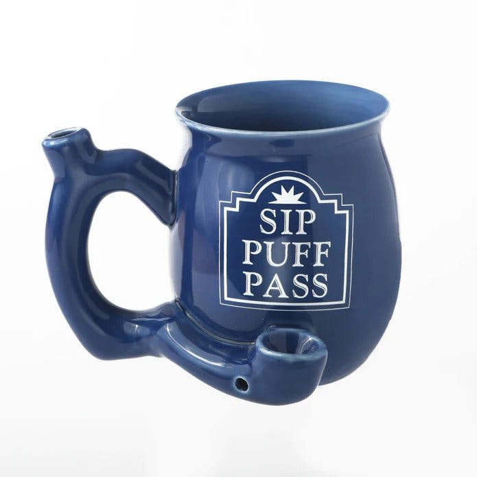 Roast & Toast - "Sip Puff Pass" Pipe Mug - Shiny Blue with White Print