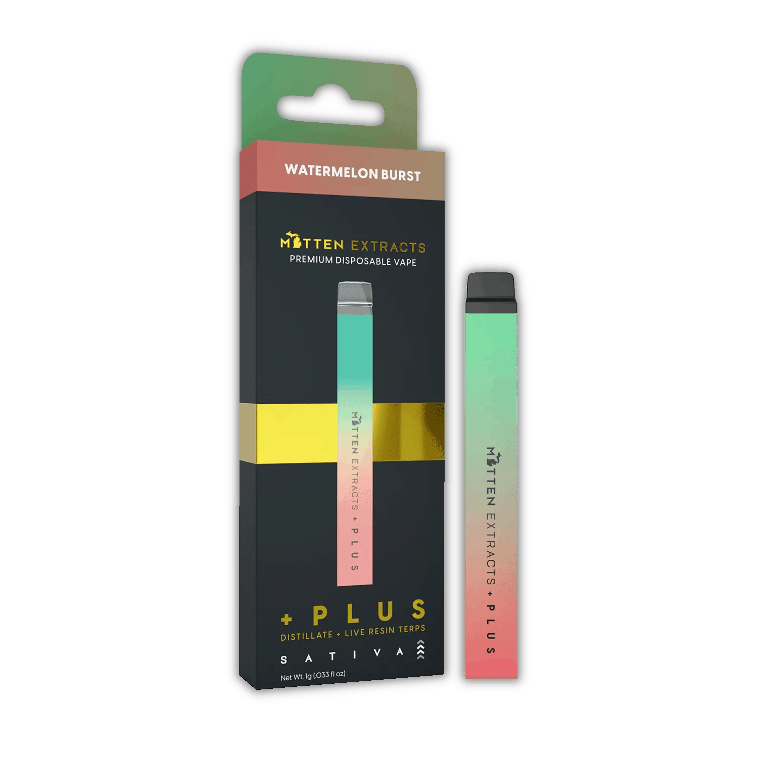 Product: Mitten Extracts | PLUS Disposable Vape - 1g - Watermelon Burst (Sativa)