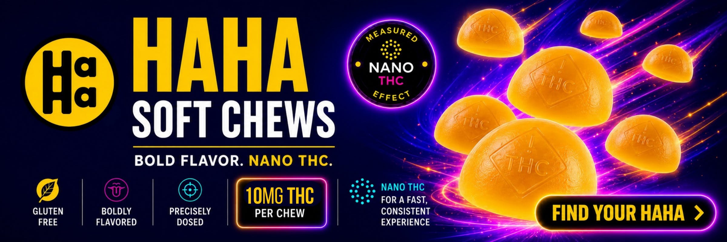 Measured Nano THC Effect, Bold Flavor. 10mg THC per chew. Gluten free, boldly flavored, precisely dosed.