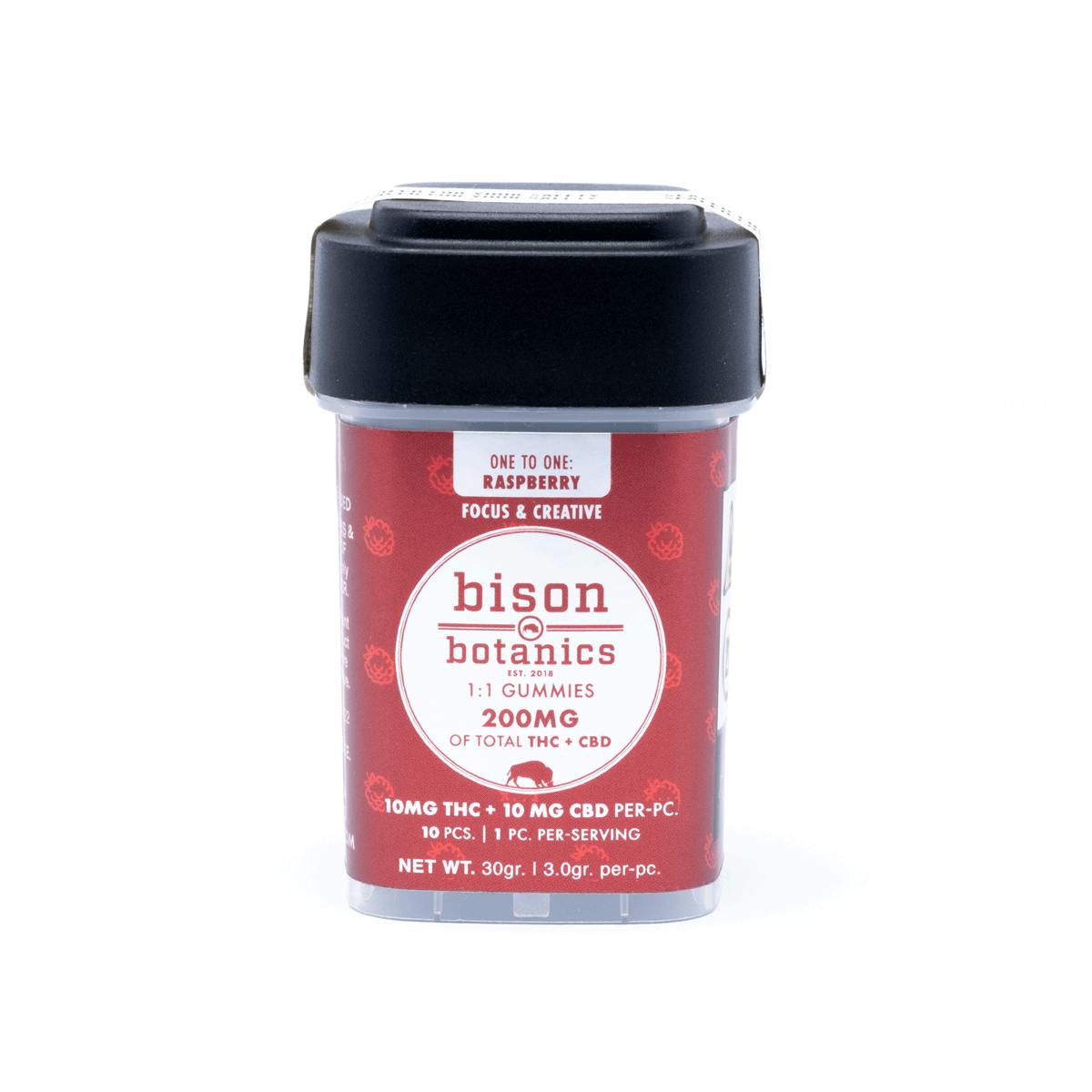 Product Gummies | Raspberry 1:1 | 100mg THC/100mg CBD | Bison